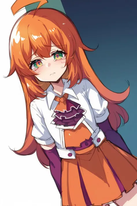 absurdres,high quality,score_9, score_8_up, score_7_up, score_6_up, score_5_up, score_4_up,BREAK source_anime,
<lora:stadiachan-pdxl-nvwls-v1:1> stadiachan, multicolored hair, orange hair, multicolored eyes, huge ahoge, orange and white shirt, orange ascot, short sleeves, elbow gloves, orange skirt, looking at viewer, sad, tears in eyes, cowboy shot,