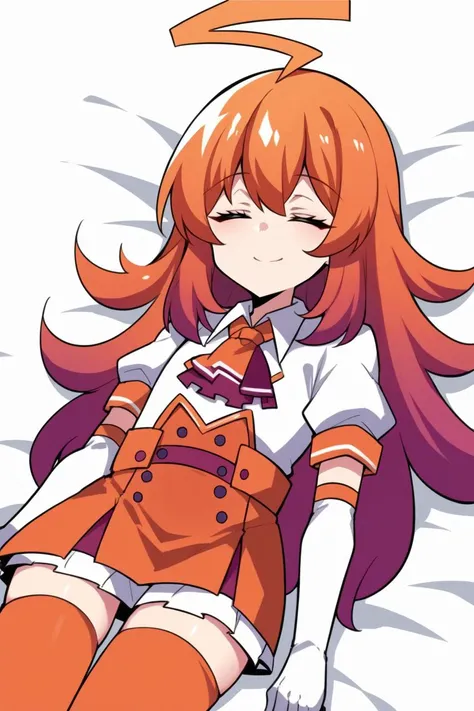 score_9, score_8_up, source_anime, 1girl, solo, BREAK <lora:stadiachan-pdxl-nvwls-v1-000006:0.9> stadiachan, multicolored hair, orange hair, multicolored eyes, huge ahoge, orange and white shirt, orange ascot, short sleeves, elbow gloves, white gloves, orange skirt, orange thighhighs, lying on back, closed eyes, light smile, bright light, simple background, white background, arms at sides
