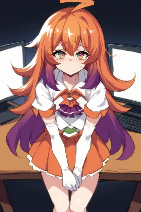 absurdres,high quality,score_9, score_8_up, score_7_up, score_6_up, score_5_up, score_4_up,BREAK source_anime,
<lora:stadiachan-pdxl-nvwls-v1:1> stadiachan, multicolored hair, orange hair, multicolored eyes, huge ahoge, orange and white shirt, orange ascot, short sleeves, elbow gloves, orange skirt, looking at viewer, sad, tears in eyes, cowboy shot, computer, desk, room, black background