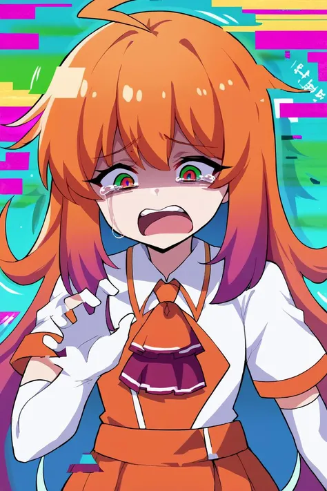 score_9, score_8_up, source_anime, 1girl, solo, <lora:stadiachan-pdxl-nvwls-v1:0.8> stadiachan, multicolored hair, orange hair, multicolored eyes, huge ahoge, orange and white shirt, orange ascot, short sleeves, white gloves, elbow gloves, orange skirt, open mouth, crying, sad, screaming BREAK <lora:GlitchingXL:2> glitch, glitching, glitch censor, glitching over face