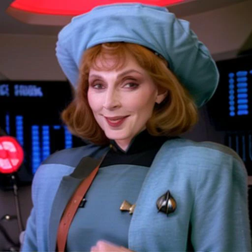 tngcrusher wearing a blue starfleet uniform and overcoat, white nurse hat, holding a probe, smiling, standing in a doctor's office, medical
