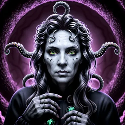 <lora:tngcrusher_z:1> woman, lovecraftian horror with glowing yellow eyes, flesh melded into tentacles, crusty hair, jaundiced and diseased,bulbous pustules under skin, ruptured sores pouring out worms, fish octopus bat beetle