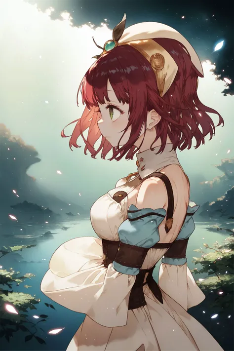 score_9, score_8_up, score_7_up, 1girl, sophie, atelier_sophie, hands_on_hip, looking away, beautiful face, detailed pupils, :>, red hair, medium hair, medium breasts, outdoors, floating particles, sidelighting, <lora:noco_(adamas)_PonyXL_style_v01:1>
