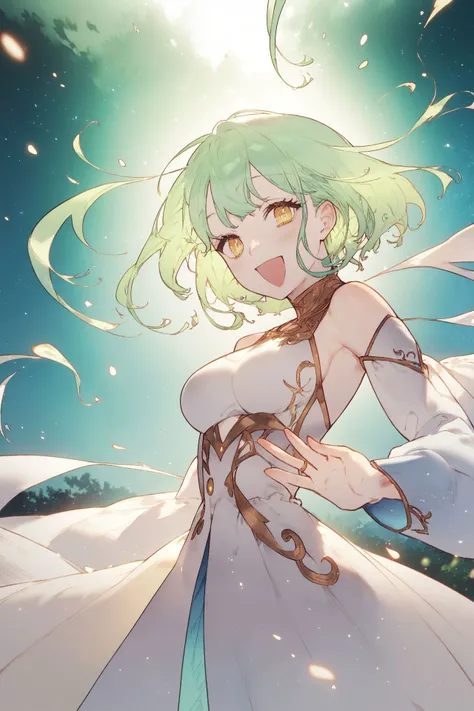 score_9, score_8_up, score_7_up, high resolution, 1girl, beautiful face, detailed pupils, happy, light green hair, long bangs, golden eyes, medium breasts, light blue maxidress, outdoors, floating particles, <lora:noco_(adamas)_PonyXL_style_v01:1>