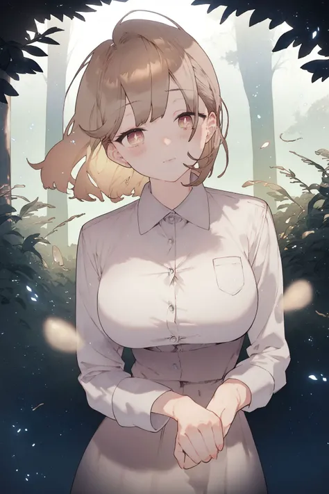 score_9, score_8_up, score_7_up, high resolution, 1girl, beautiful face, detailed pupils, panicking, light brown hair, full bangs, cream eyes, large breasts, light purple dress shirt dress, outdoors, floating particles, <lora:noco_(adamas)_PonyXL_style_v01:1>