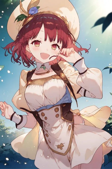 (masterpiece, best quality:1.3), 1girl, large breasts, morning, river, water, forest, halterneck, standing, two side up, maroon hair, black eyes, happy tear, smile, happy,