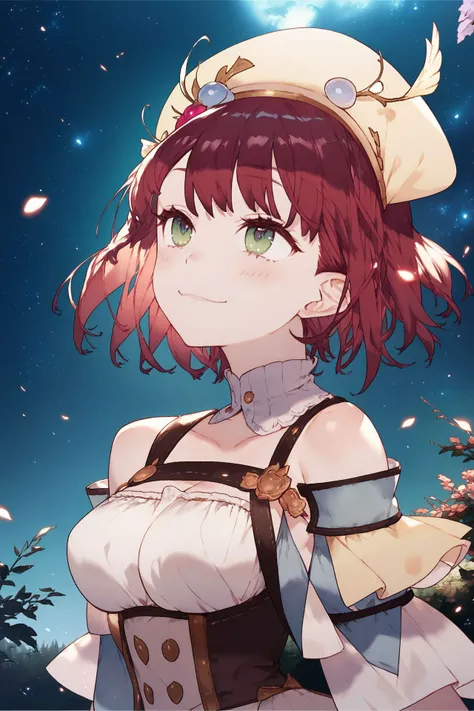 score_9, score_8_up, score_7_up, 1girl, sophie, atelier_sophie, hands_on_own_chest, looking up, beautiful face, detailed pupils, seductive smile, red hair, medium hair, medium breasts, outdoors, floating particles, night, <lora:noco_(adamas)_PonyXL_style_v01:1>