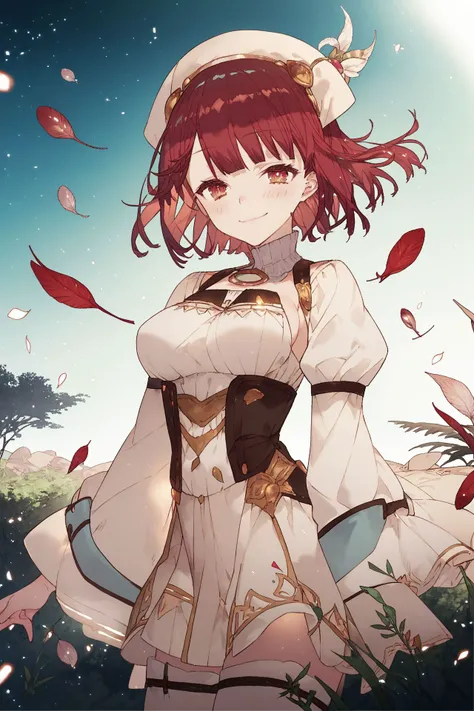 score_9, score_8_up, score_7_up, 1girl, sophie, atelier_sophie, shrugging, beautiful face, detailed pupils, naughty face, red hair, medium hair, medium breasts, feather_ornament, outdoors, floating particles, glittering light, <lora:noco_(adamas)_PonyXL_style_v01:1>
