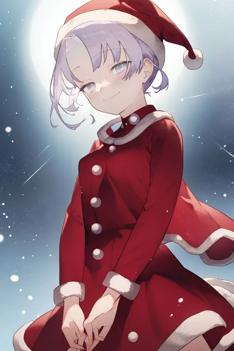 score_9, score_8_up, score_7_up, high resolution, 1girl, beautiful face, detailed pupils, squinting eyes smile, light purple hair, parted bangs, grey eyes, small breasts, light brown santa dress, outdoors, floating particles, <lora:noco_(adamas)_PonyXL_style_v01:1>