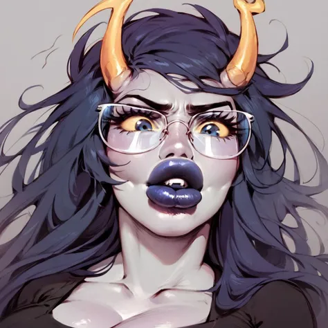 score_9, score_8_up, score_7_up, head and shoulders, vriska serket, Grey skin, horns, yellow sclera, blue irises, long black hair, big eyes, blue lips, black shirt, jeans, huge breasts, enormous lips, moist lips,plump lips, looking down, annoyed expression, glasses, pouty lips, round face, plump cheeks, chubby face