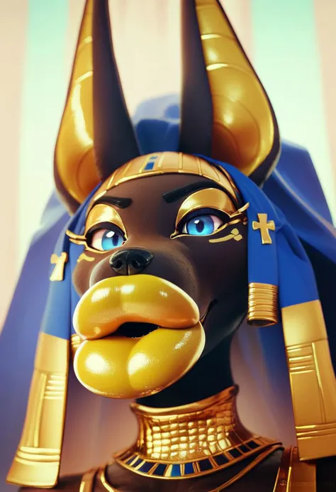 score_9, score_8_up, score_7_up, score_6_up, score_5_up, score_4_up, anthro, furry, female, anubis, blue eyes, enormous lips, gold lips