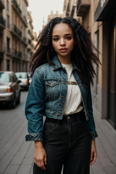 photo of (s1s1str1nger-135:0.99), a woman, perfect curly black hair, (closeup portrait:.95), (vintage photo, Fringed Jacket, Wide-leg Pants), 24mm, (tintype), (analog, cinematic, film grain:1.3), ((in Barcelona, daylight, gritty)), ((detailed eyes)), (color picture), (epicPhoto)