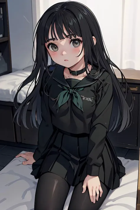 (masterpiece, best quality), 1girl, <lora:Rinne2:1> Rinne byuakuya, long hair, black hair, black eyes, small breasts, black serafuku, green necktie, black skirt, pantyhose