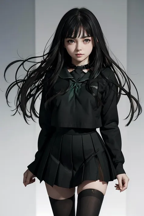 (masterpiece, best quality), 1girl, <lora:Rinne2:1> Rinne byuakuya, long hair, black hair, black eyes, small breasts, black serafuku, green necktie, black skirt, pantyhose