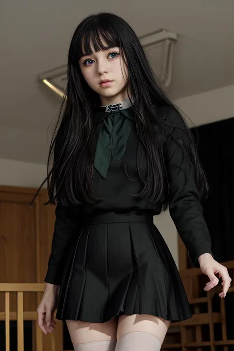 (masterpiece, best quality), 1girl, <lora:Rinne2:1> Rinne byuakuya, long hair, black hair, black eyes, small breasts, black serafuku, green necktie, black skirt, pantyhose