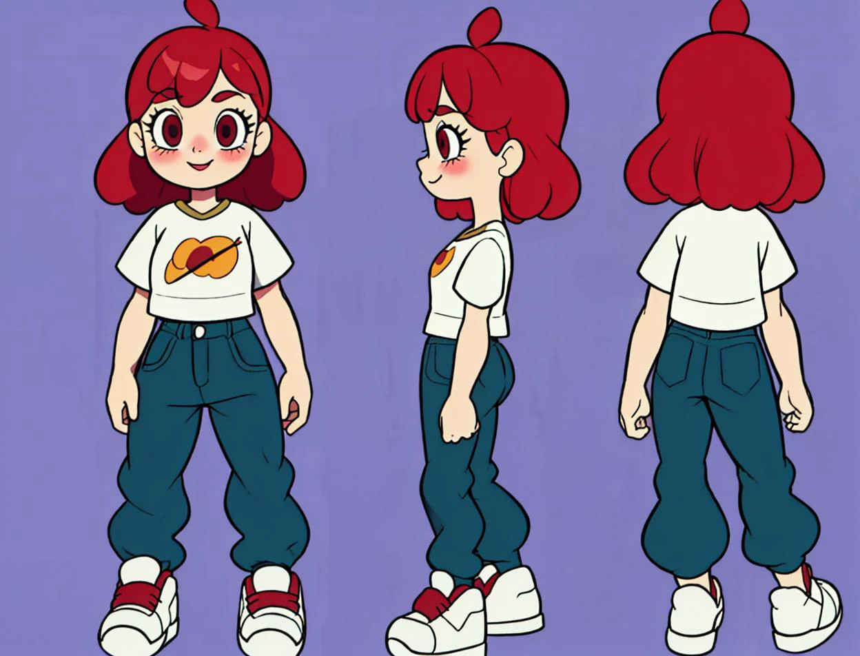 <lora:character-sheet-03:1.4> chara-sheet, blush, (simple background) <lora:kaibastylev2:.8> kaibacharacter, long red hair, sneakers, <lora:edg90hh:1> edg90hh, edg90hh_clothing, baggy pants, smile, (masterpiece:1.5, best quality), 8k wallpaper, highres, high resolution,HDR.UHD,Highly detailed, extreme detail <lora:GoodHands-beta2:0.8>