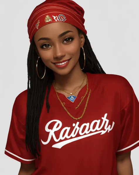 masterpiece,4K,best quality,absurdres, dark skin,smirk, grin,
edg90hh, a woman with a red jersey and a bandana ,wearing edg90hh_clothing
<lora:edg90hh:0.9>