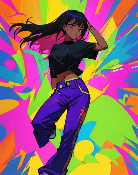 masterpiece,4K,best quality,absurdres, dark skin,
edg90hh, a woman in a black shirt and colorful pants ,wearing edg90hh_clothing,
<lora:edg90hh:0.9>