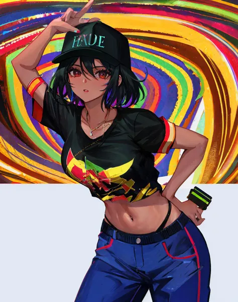 masterpiece,4K,best quality,absurdres, dark skin,
edg90hh, a woman in a black shirt and colorful pants ,wearing edg90hh_clothing,
<lora:edg90hh:0.9>