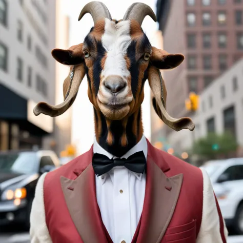 photorealistic, gentleman goats01 in a tuxedo face enhanced, on a Manhattan street, in the style of <lora:goats01-xl:1>