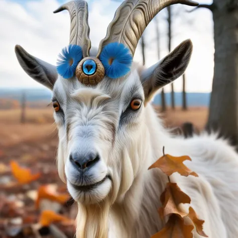 photorealistic, concept art, fantasy, face enhanced, one goats01 owl with blue feathers, in fall Halloween woodland glade with mushrooms,, in the style of <lora:goats01-xl:1> in the style of salvadore dali