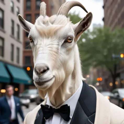 photorealistic, gentleman goats01 in a tuxedo face enhanced, on a Manhattan street, in the style of <lora:goats01-xl:1>