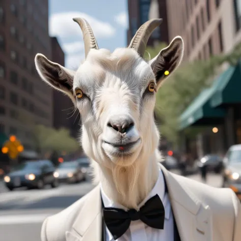 photorealistic, gentleman goats01 in a tuxedo face enhanced, on a Manhattan street, in the style of <lora:goats01-xl:1>