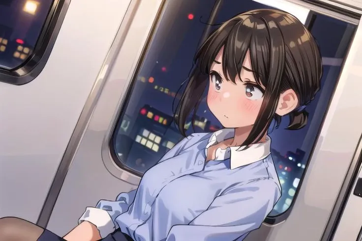 ,masterpiece, best quality,ultra detail, <lora:anmnr01:0.3> <lora:add_detail:0.5>,<lora:GoodHands-vanilla:0.8>,1girl,dutch angle,night,<lora:doukichan:0.7>aadouki,short hair,short ponytail,sidelocks,small breasts,collared shirt,blue shirt,blackskirt,blush,upperbody,from side,looking far,shy,in train,sitting,window,