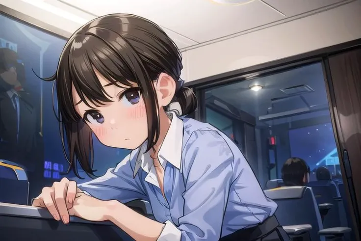 1Beautiful female protagonist、Year: 24、Height 1cm、Weight 48Kg、Japanese、officeワーカーの服装、Black pumps、Navy Skirt、Navy blue jacket、White blouse、White panties、office、train、私の隣には背の低い中Yearの男性がいた、後ろには背の低い中Yearの男性が、前にいる背の低い中Yearの男性、The female protagonist looks down、