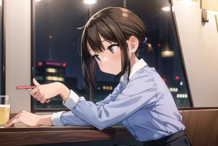 ,masterpiece, best quality,ultra detail, <lora:anmnr01:0.3>  <lora:add_detail:0.5>,<lora:GoodHands-vanilla:0.8>,1girl,petite ,dutch angle,night,<lora:doukichan:0.7>aadouki,short hair,short ponytail,sidelocks,small breasts,collared shirt,blue shirt,blackskirt,brown pantyhose,blush,upperbody,from side,looking far,shy,in restaurant,sitting,window,