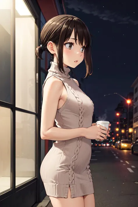 masterpiece,best quality,highres,aadouki,short hair,short ponytail,sidelocks,small breasts,<lora:doukichan:0.6>,night,street,standing,sweater dress,turtleneck,sleeveless,