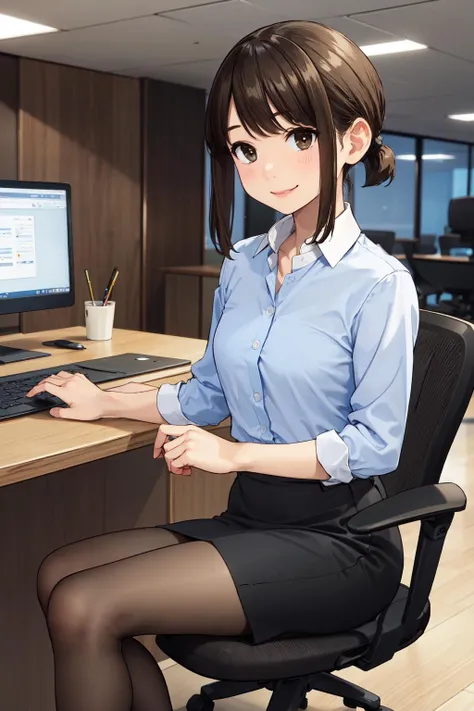 masterpiece,best quality,highres,aadouki,short hair,short ponytail,sidelocks,small breasts,collared shirt,blue shirt,blackskirt,office lady,see-through legwear,brown pantyhose,black high heels,<lora:doukichan:0.6>,indoors,office chair,sitting,smile,