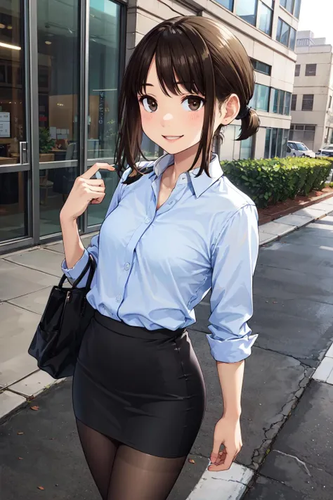 masterpiece,best quality,highres,aadouki,short hair,short ponytail,sidelocks,small breasts,collared shirt,blue shirt,blackskirt,office lady,see-through legwear,brown pantyhose,black high heels,<lora:doukichan:0.6>,outdoors, street, smile, cowboy shot,