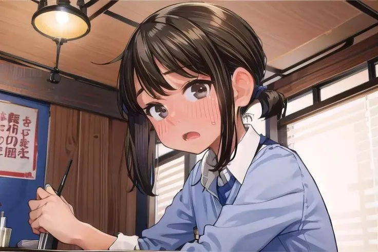,masterpiece, best quality,ultra detail, <lora:anmnr01:0.3> <lora:add_detail:0.5>,<lora:GoodHands-vanilla:0.8>,1girl,dutch angle,night,<lora:doukichan:0.7>aadouki,short hair,short ponytail,sidelocks,small breasts,collared shirt,blue shirt,blackskirt,office lady,see-through legwear,brown pantyhose,blush,wavy mouth,upperbody,from side,looking up viewer,open mouth,facing viewer <lora:yudedako_v100:1>,beer,murayakuba, izakaya, indoors, <lora:Murayakuba:0.6>sitting floor