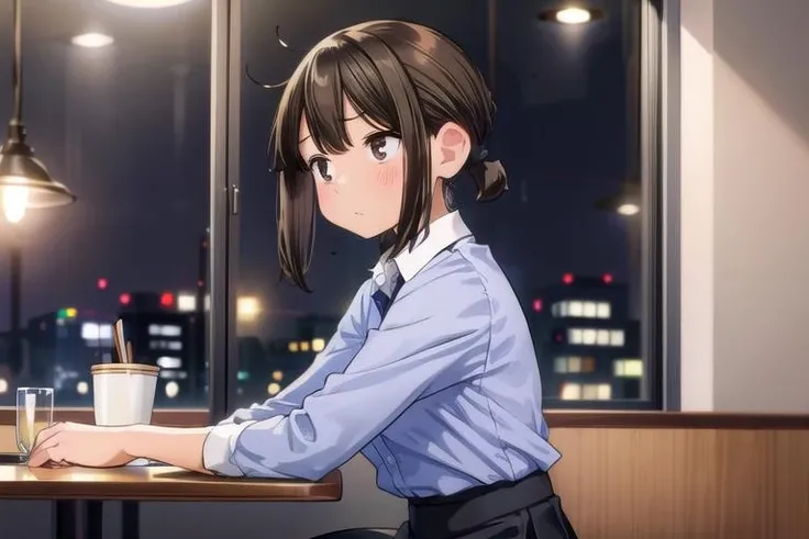 ,masterpiece, best quality,ultra detail, <lora:anmnr01:0.3> <lora:add_detail:0.5>,<lora:GoodHands-vanilla:0.8>,1girl,petite ,dutch angle,night,<lora:doukichan:0.7>aadouki,short hair,short ponytail,sidelocks,small breasts,collared shirt,blue shirt,blackskirt,brown pantyhose,blush,upperbody,from side,looking far,shy,in restaurant,sitting,window,