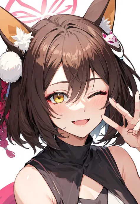 best quality, masterpiece, highres, solo, (izuna_bluearchive:1.10), smile, happy, one eye closed, portrait, looking at viewer, 31 <lora:izuna_bluearchive:0.80>