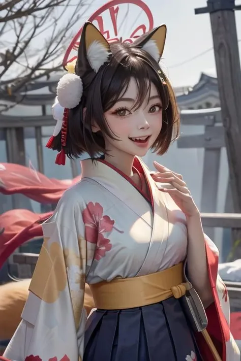 best quality, masterpiece, highres, 1girl, solo, {white kimono:1.35}, {red hakama:1.35}, {wide sleeves:1.20}, {izuna_bluearchive:1.15}, animal_ears, fox_ears, fox_girl, animal_ear_fluff, halo, brown_hair, bangs, short_hair, yellow_eyes, hair_ornament, smile, open_mouth, blush, fang, fox_tail, tail, hair_between_eyes, breasts, serafuku