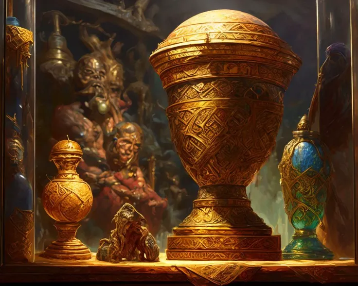 oil painting of an ancient mythos urn sitting in a glass display case box in a museum, realistic, (intricate background), art by dgstyle