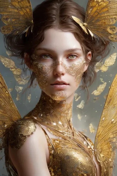 James Gurney, Surrealist art , dreamlike, mysterious, provocative, Symbolic, complex, detailed,, (Gothic but very pretty.:1.4), (masterpiece, of the highest quality:1.4) , Style Nicola Samori, femme fatale wrapped in a golden aura. While some insects fly around.