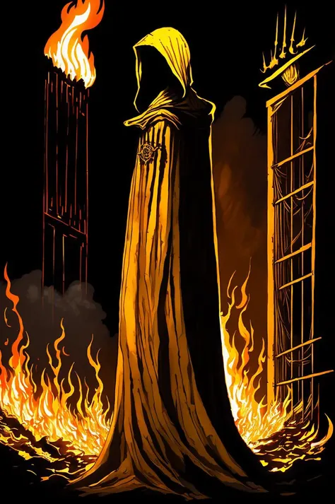 a professional comic ink drawing of the kinginyellow wearing a cloak and (hood:1.2) that conceals his face in complete shadow with a crown hovering above his head like a halo, standing in front of a (burning building:1.1) illuminated by the raging flames, (burning scaffolding:1.1), (profile view, from the side:1.3), high quality, debris, shadow, clean lines <lora:kinginyellow-beta1-000007:0.85>