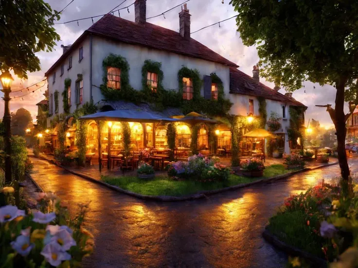 fantasy, small old town, bakery, street caffee, rain, lush green, lawn, flowers, dreamy, evening, sunset, volumetric lighting, sharp focus, ultra detailed, 4k, cinematic, wide-angle, 3 5 mm film photo still, movie still, uhd, sharp lens, depth of field, octane render, vivid colors, light rays, god rays