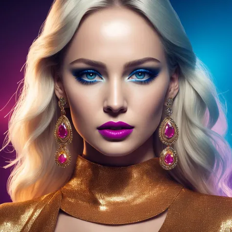([jennifer lawrence:Michelle Monaghan:0.77]:0.8), woman, solo, fashion, shiny transparent jacket, latex crop-top, blue eyes, smile, long hair, blonde hair, medium shot, (stanleylau style:0.9), (cherrmous style:0.9) magazine cover, cover art, illustration, studio shot, high contrast, triadic colors, complementary colors, symmetric, centered, circles, lines, choker, earrings, eyelashes, eyeshadow, lips, lipstick, jewelry, makeup, nose, parted lips,standing, navel, (lush:0.8),(otherworldly:0.7),(sharp:0.6), english text,, best quality, high quality, good
