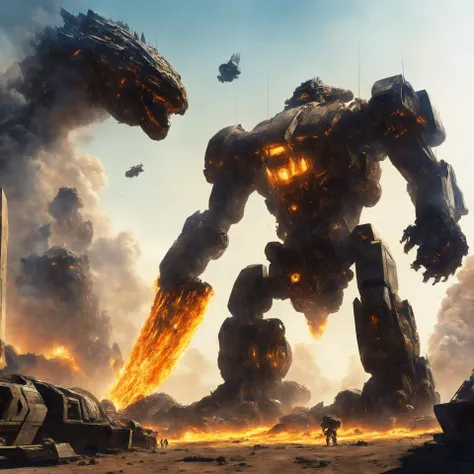 masterpiece, best quality, mecha, no humans, black armor, science fiction, fire, gauss cannon, impact rifle gun, war, conflict, destroyed city background, kaiju, clear sunny sky, intricate machinery