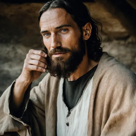 vodka_portraits, A profound photograph of Jesus, captured with a 50mm lens, emphasizing authenticity and emotional depth. The composition captures Jesus in a candid moment, his eyes brimming with compassion and understanding. The color palette reflects natural tones, lending a sense of realism and intimacy. The lighting creates gentle highlights and shadows, revealing the texture of his skin and the subtleties of his expression. The atmosphere exudes a palpable sense of empathy and spiritual connection. <lora:vodka_portraits:0.7>