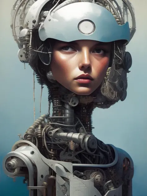 in the style of Blade Runner futurism, mechanical android beautiful, etam cru, light blue and silver, michael creese, steelpunk, white background, best quality, high quality, editorial photo, absurdres, masterpiece, intricate detail, film grain, elegant, Poster,