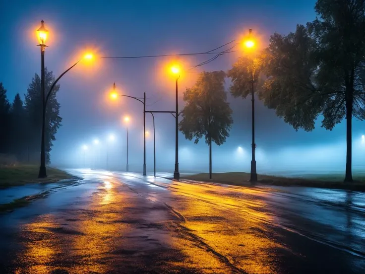 small town, night streets, Russia, landscape, rain, trees, fog, 8k, 4k, hd, RAW photo, photorealistic, best quality, masterpiece, very beautiful, hyperrealism, perfectionism, highest quality, vibrant, volumetric lighting, sharp focus, 3 5 mm film photo still, movie still, uhd, sharp lens, depth of field, high contrast, street level view, bloom, volumetric light, cinematic lighting, global illumination, vivid color
