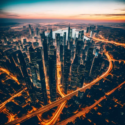 A city on top of a hill, megalopolis of the future, blade runner vibes, (skyscrapers), clear sky in the sunset, industrial neonoir, concrete asphalt and glass, wonderful urban setting, birds eye view, masterpiece dreamlike photography, futuristic dystopian setting