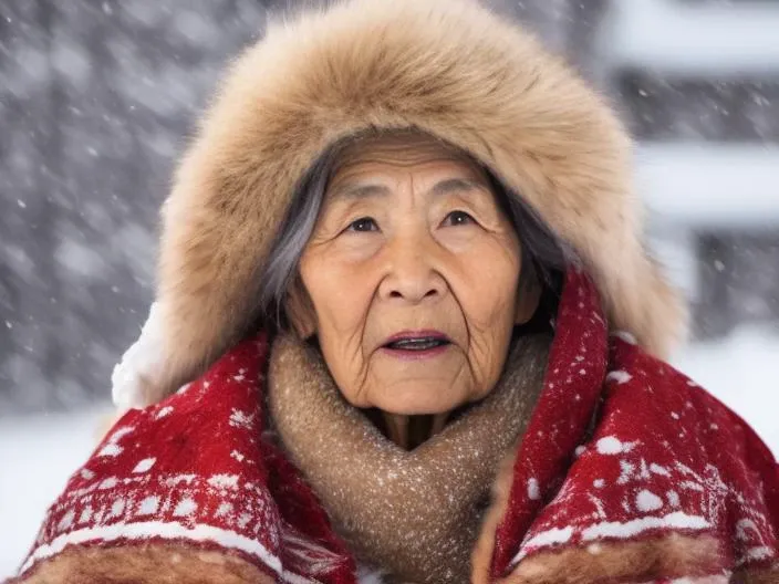 masterpiece, snowing winds:1.8, a close up portrait of a eskimo 80 year woman wearing a fur national custome in heavy snow storm: 1.9, the look of an elderly woman, detailed suffer face of a eskimo old woman, Alaska, snowing:1.9, very bad weather, golden ratio, snow landscape