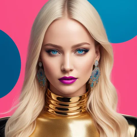 ([jennifer lawrence:Michelle Monaghan:0.77]:0.8), woman, solo, fashion, shiny transparent jacket, latex crop-top, blue eyes, smile, long hair, blonde hair, medium shot, (stanleylau style:0.9), (cherrmous style:0.9) magazine cover, cover art, illustration, studio shot, high contrast, triadic colors, complementary colors, symmetric, centered, circles, lines, choker, earrings, eyelashes, eyeshadow, lips, lipstick, jewelry, makeup, nose, parted lips,standing, navel, (lush:0.8),(otherworldly:0.7),(sharp:0.6), english text,, best quality, high quality, good