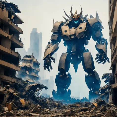 masterpiece, best quality, (mecha), photo taken from the rubble of the city streets, destroyed city, kaiju